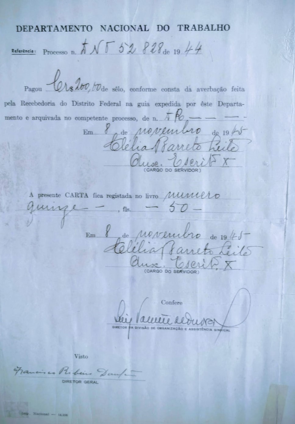 Documento de registro do processo nº 52.828/44 junto ao Departamento Nacional do Trabalho